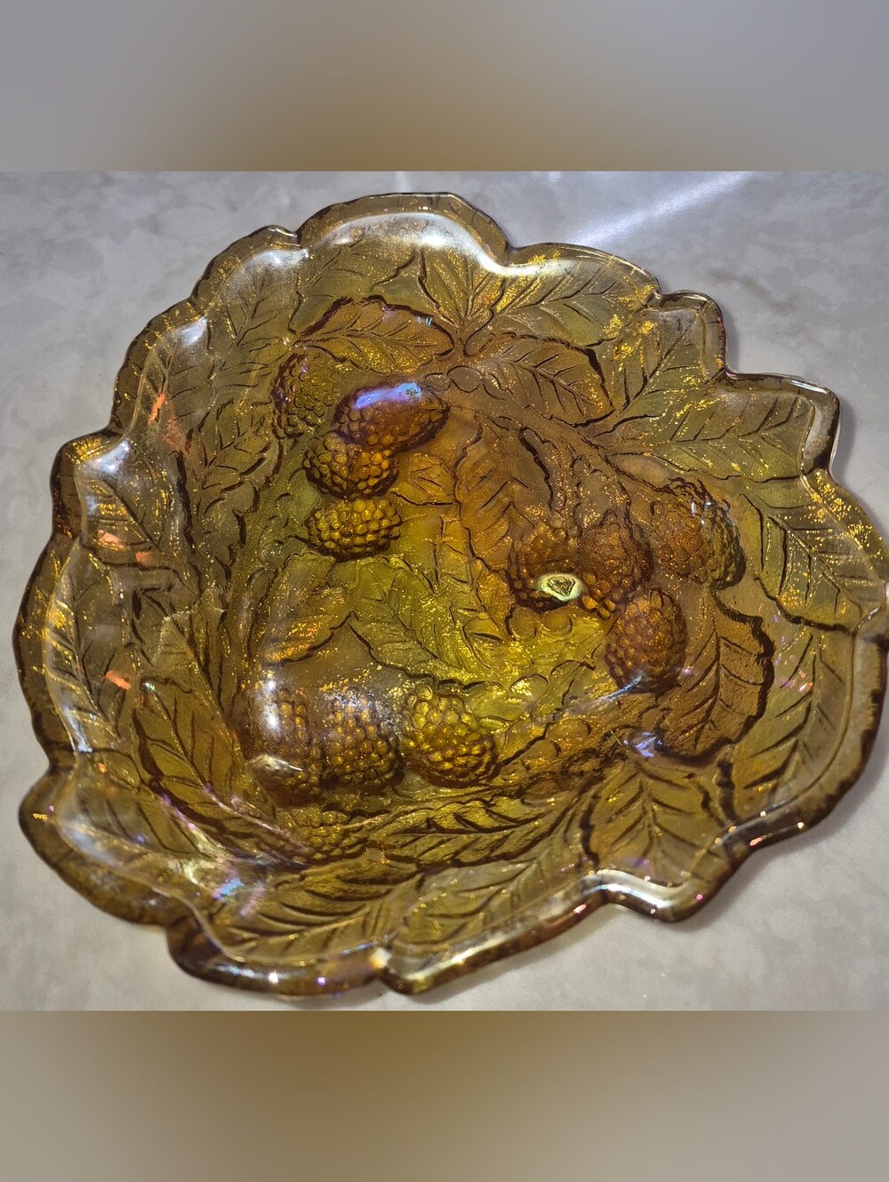 Vintage Indiana Glass Amber Loganberry Carnival Glass triangular Bowl